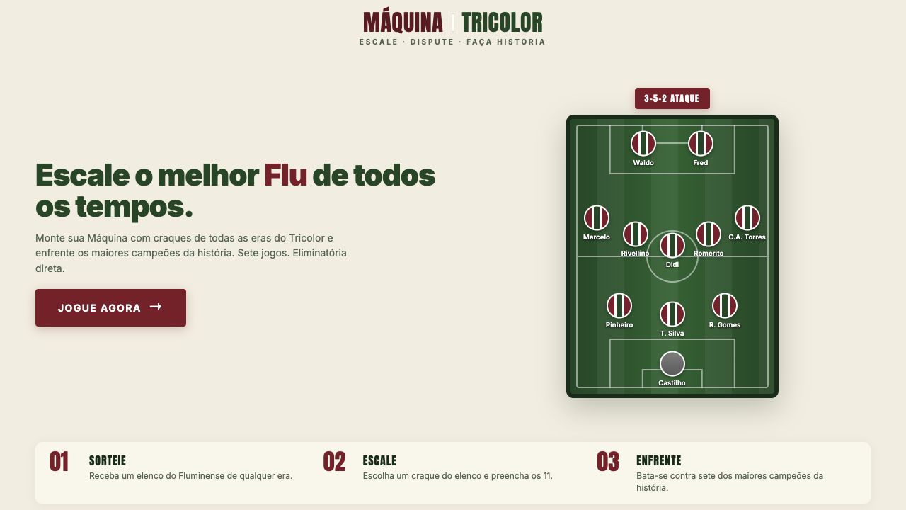 Máquina Tricolor page showing a football pitch and Fluminense stars from different eras