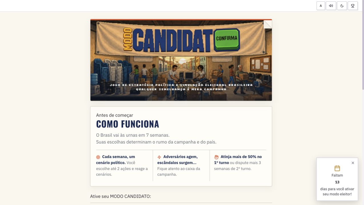 Modo Candidato page showing a strategy game about public choices in Brazil